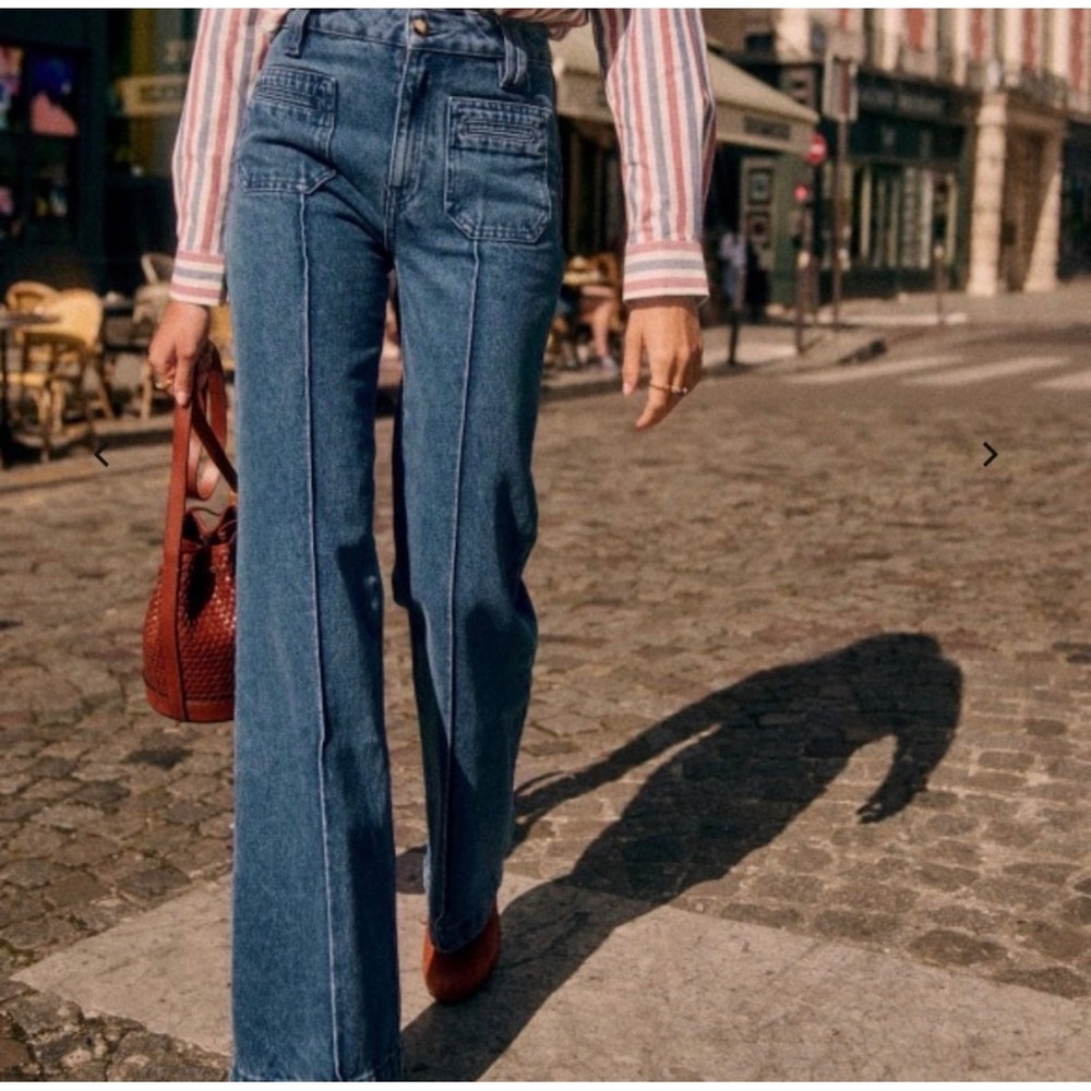 Sezane Augusto Trouser Jeans Wide Leg Flare Boho Retro Preppy Raw Hem 38 or US6